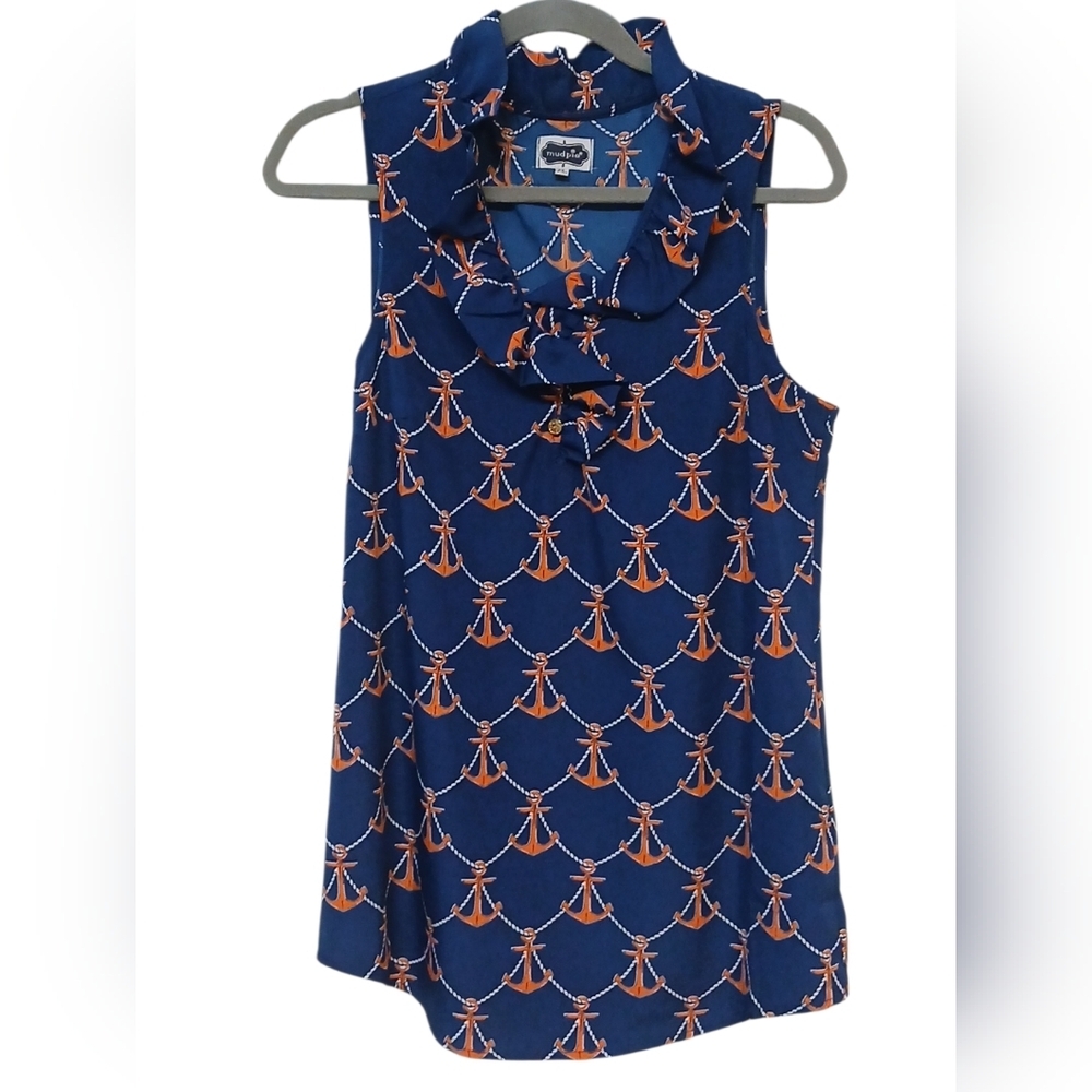 Mud Pie - NWOT, Navy Blue Sleeveless Blouse, Ruffled Collar W/2 Working Buttons, - Picture 3 of 12